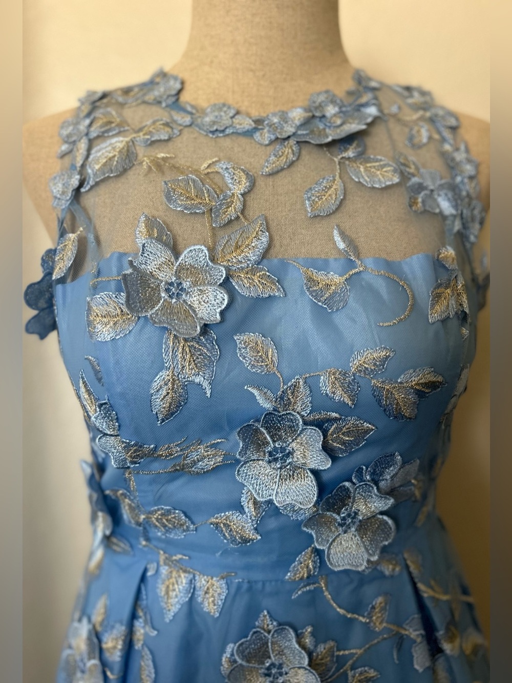 Adrianna Papell Light Blue Floral Appliqué Illusion Neck Midi Dress - Picture 5 of 13